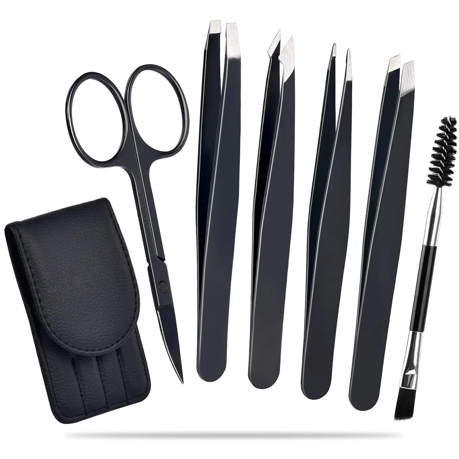 6-piece stainless steel eyebrow tweezers set with scissors, brush, and leather protective case