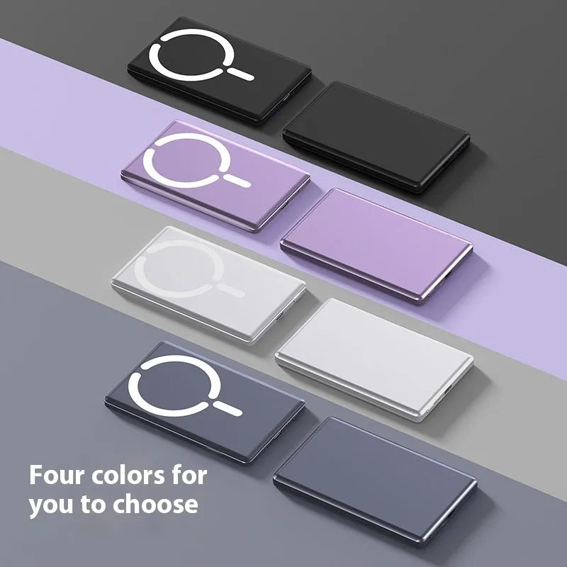 Ultra-thin magnetic power bank in dark grey, silver, black or violet colours with alloy shell