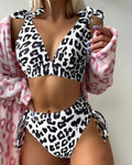 Women's purple leopard print high waist bikini set with lace-up chest cover top and matching shorts