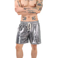 Men's casual silver polyester lounge trousers laid flat, showing relaxed fit and lightweight fabric.