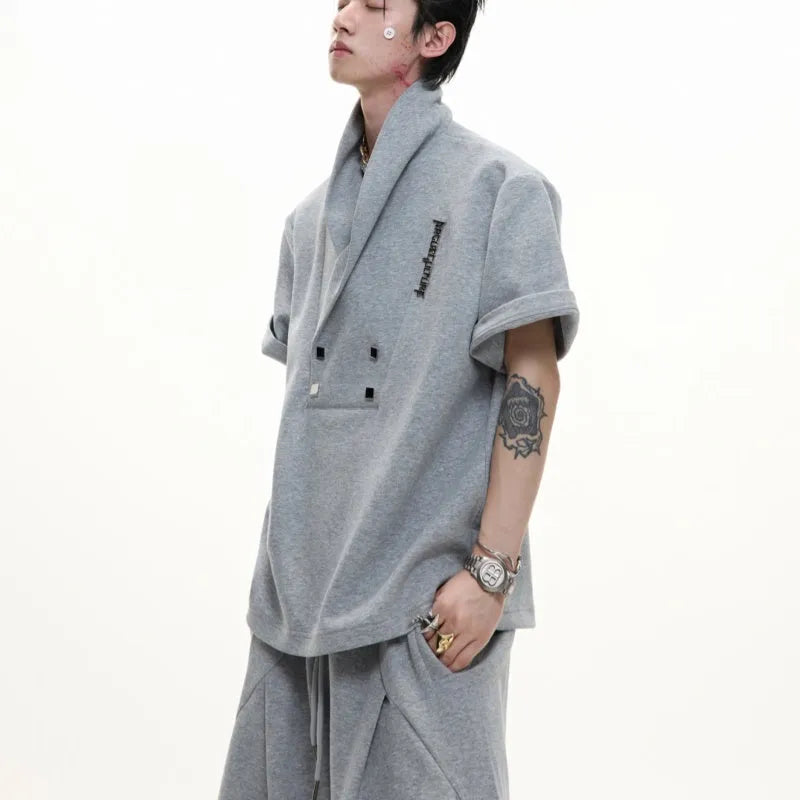 Men's dark grey cotton sports suit with V-neck jacket and matching shorts featuring metal embellishments