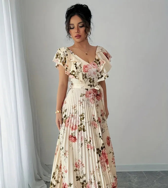 Apricot floral print V-neck dress with ruffled sleeves and oversized swing skirt on hanger