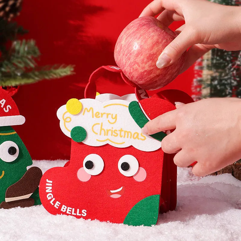 Christmas felt gift bag in green and red with cartoon design for gift packaging