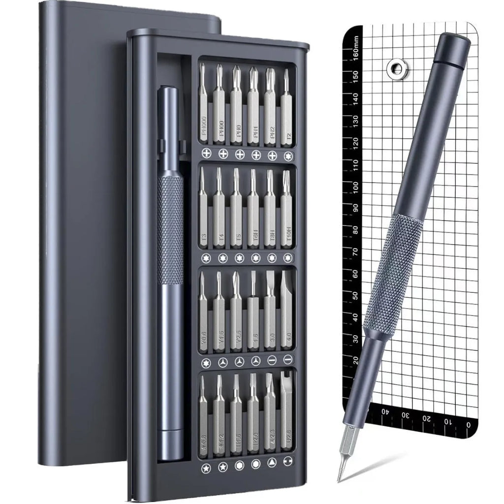 25-in-one magnetic screwdriver set with chrome vanadium bits and two black knurled handles.