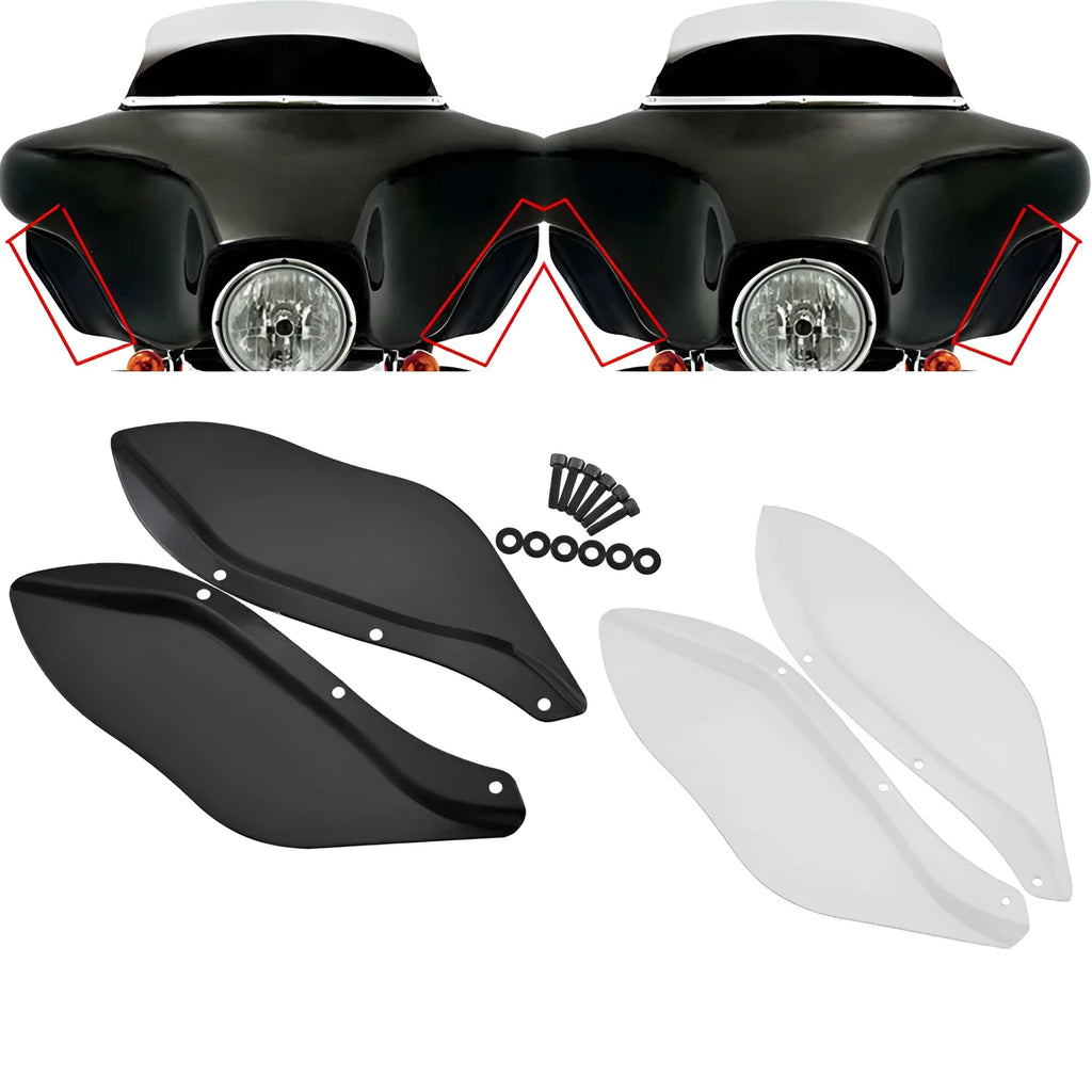 Pair of black ABS plastic side windshields for a Harley-Davidson Touring Glide motorcycle.