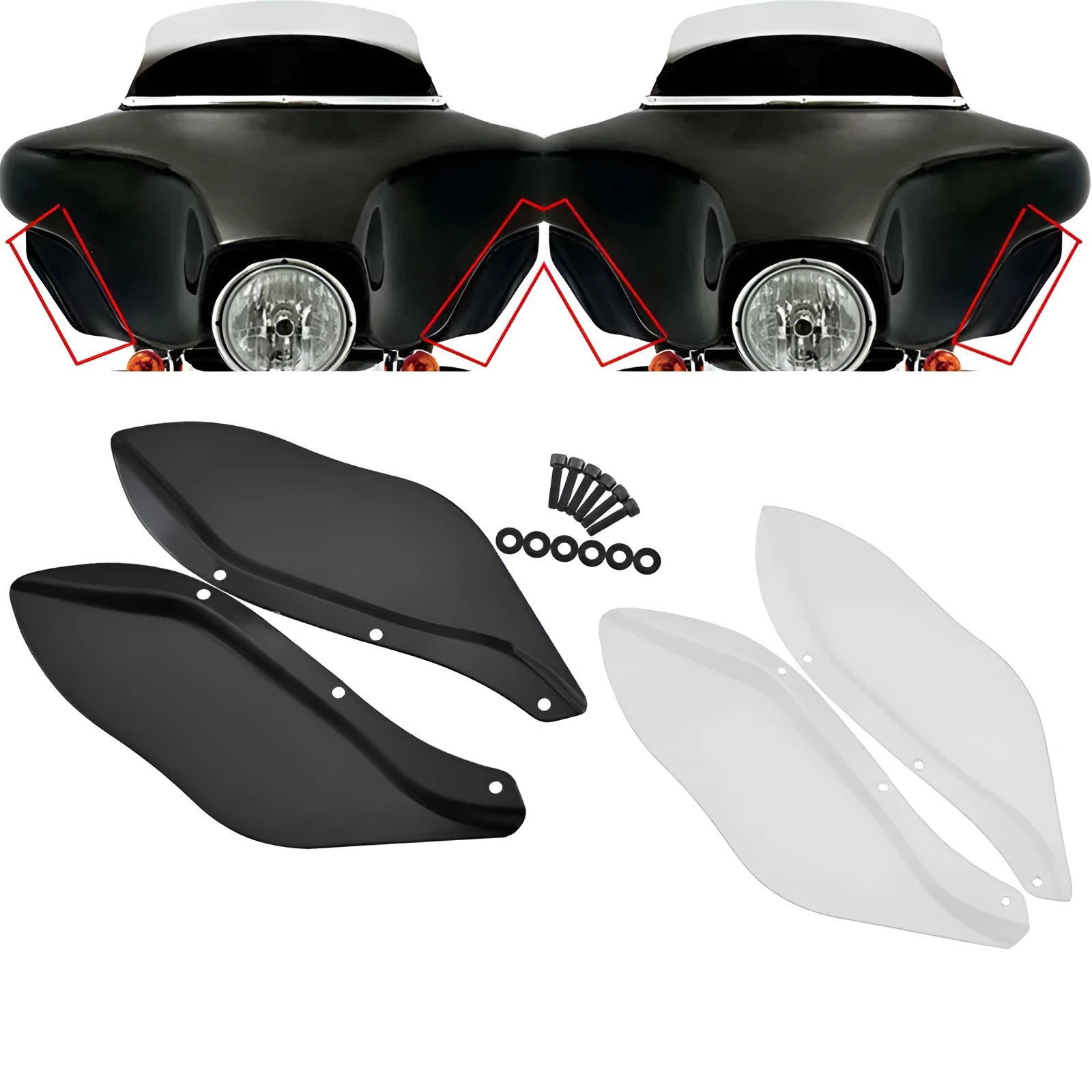 Pair of black ABS plastic side windshields for a Harley-Davidson Touring Glide motorcycle.
