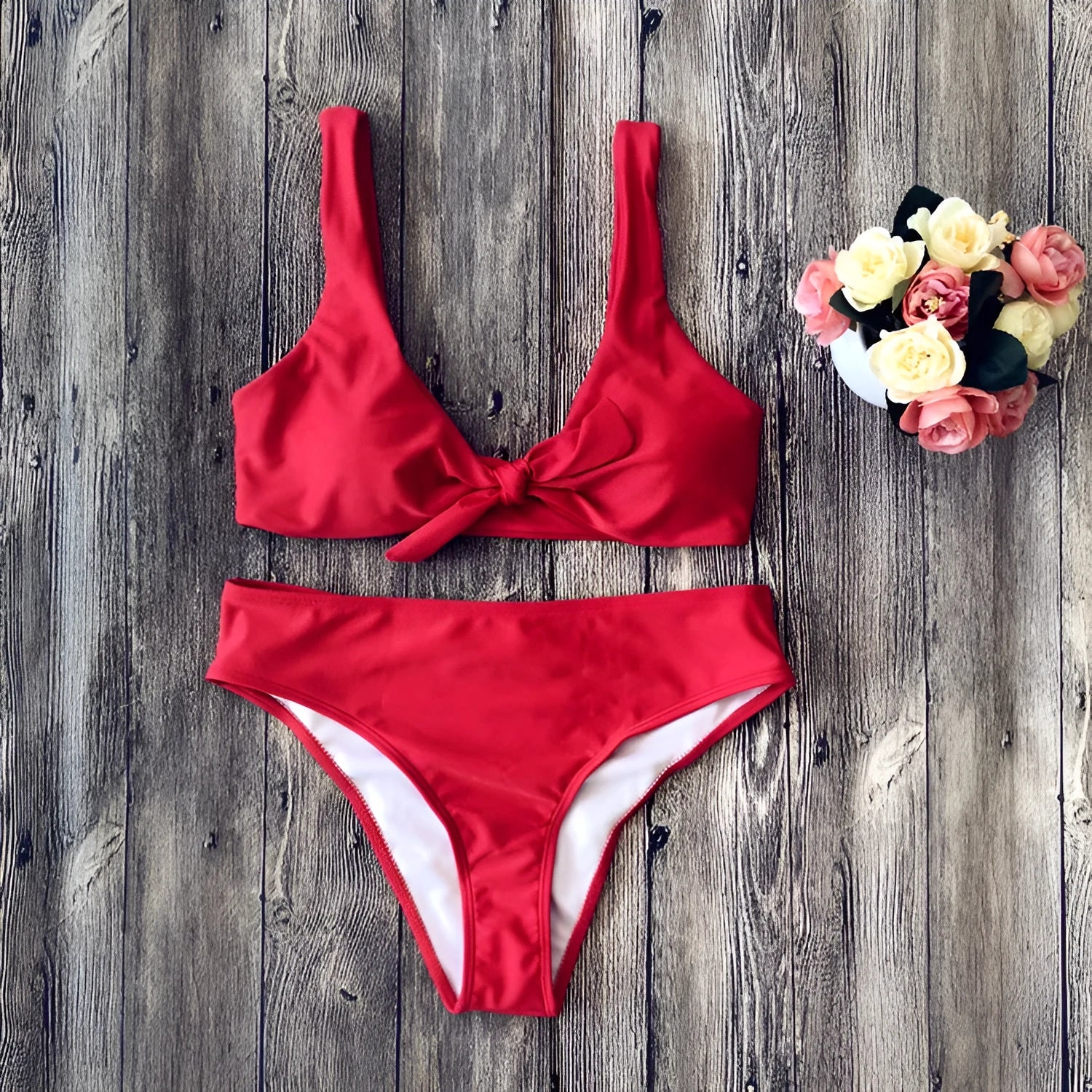 Women's solid colour bikini set in polyester, shown in one of five available colours.