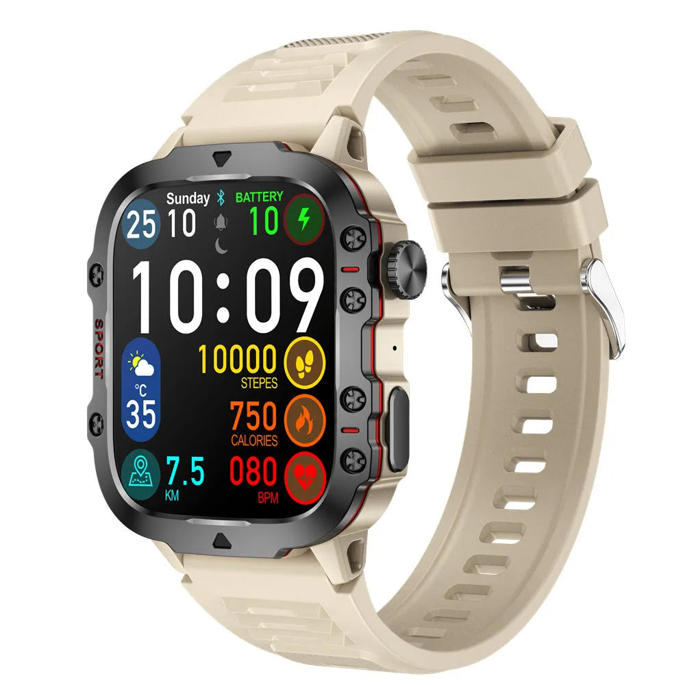 QX11 smartwatch with black zinc alloy case and TFT touch screen displaying heart rate data.