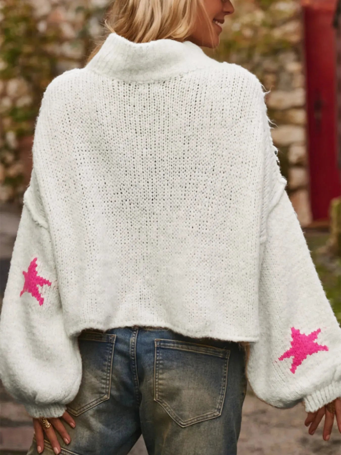 White women's pullover sweater with star pattern on thick imitation velvet fabric, loose turtleneck design