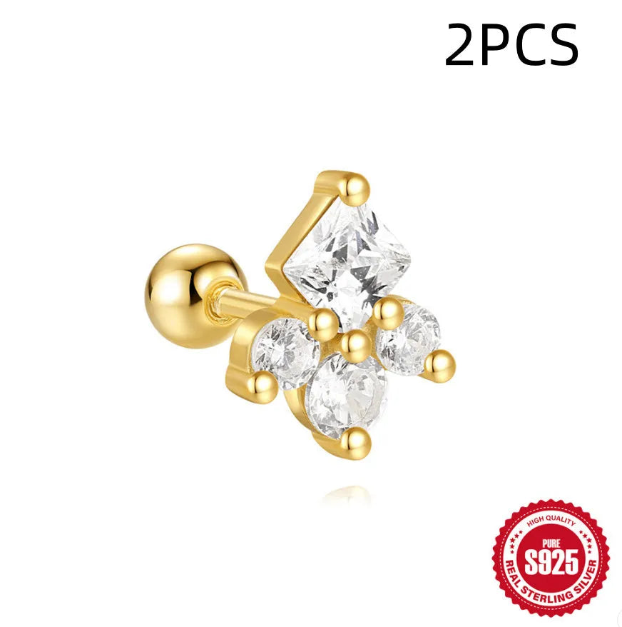 S925 sterling silver flower-shaped stud earrings with square gravel detailing in gold electroplated finish