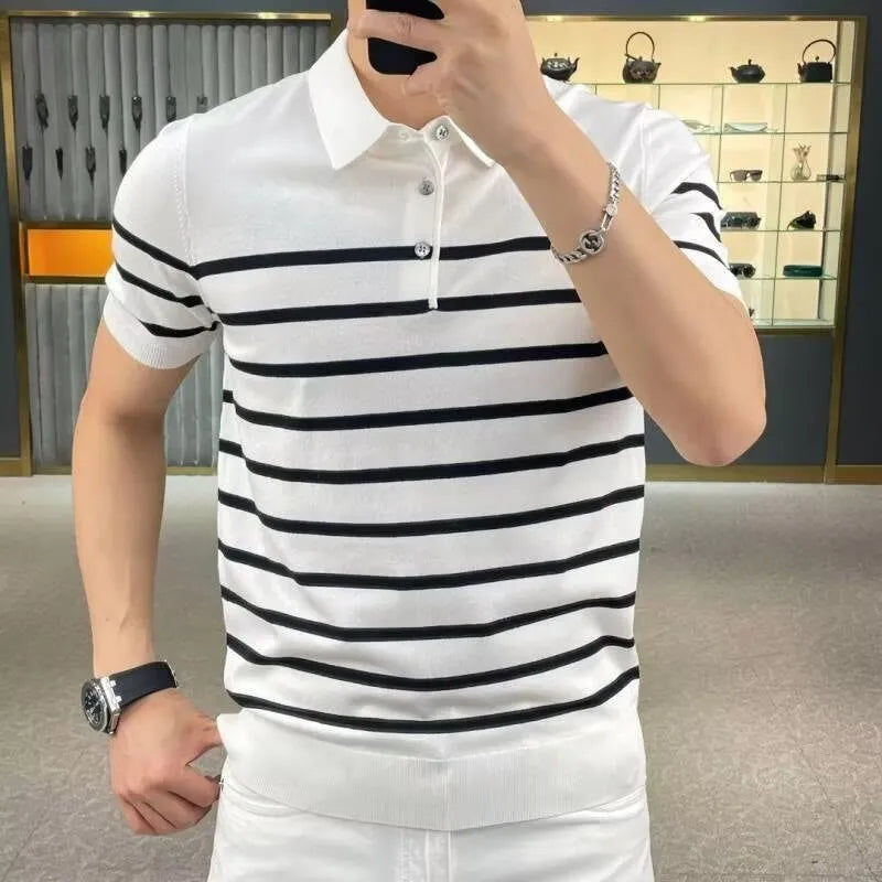 Black and white striped long-sleeve T-shirt with a lapel neckline on a hanger.