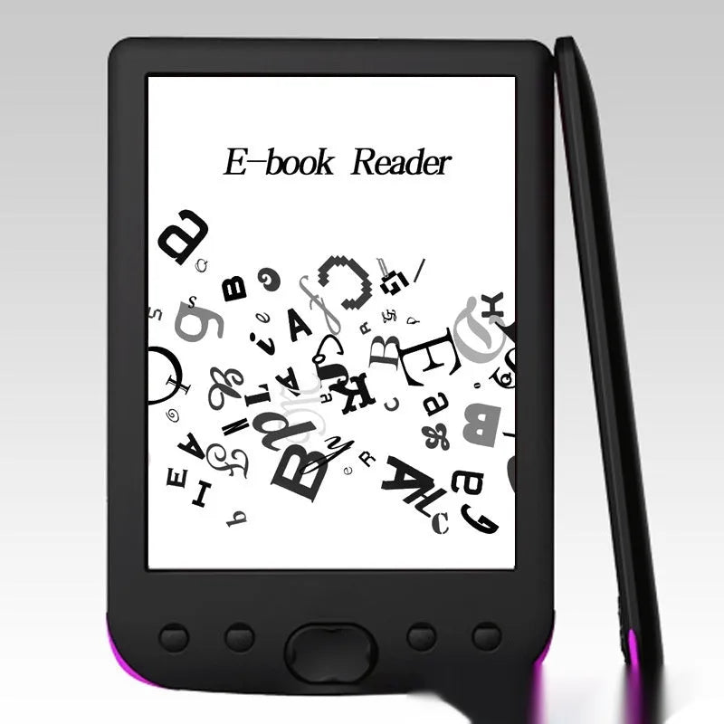 Black 6-inch e-ink screen e-book reader showing its front display and portable design.