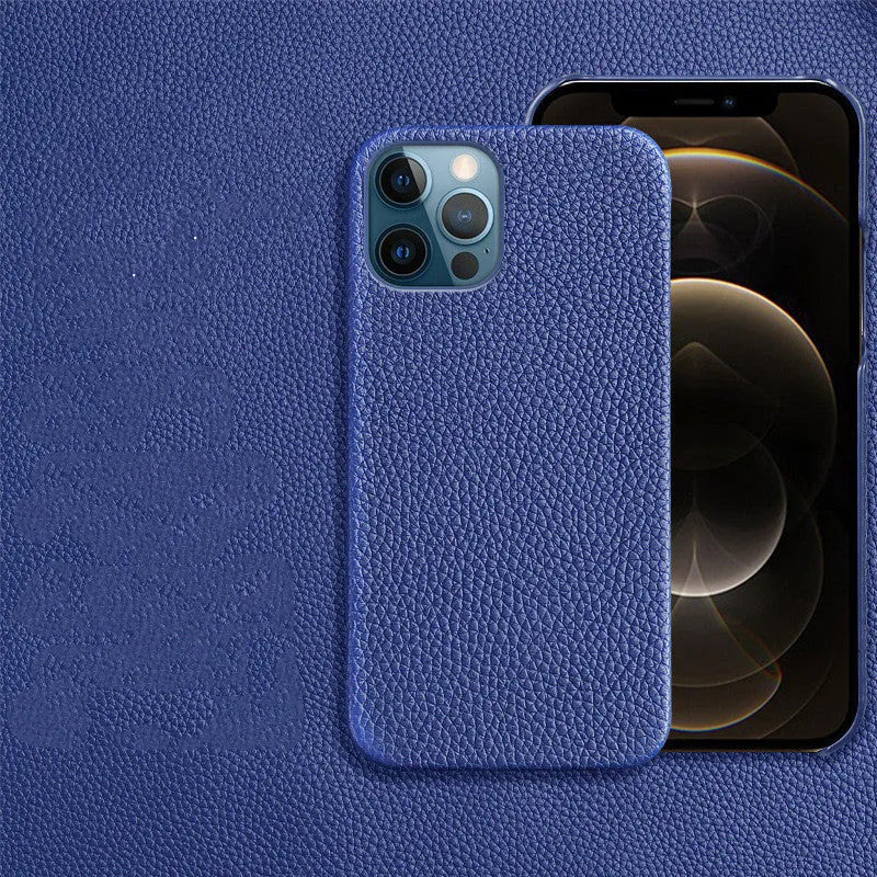 Brown genuine leather half-wrap protective case on an iPhone 14 Pro Max.