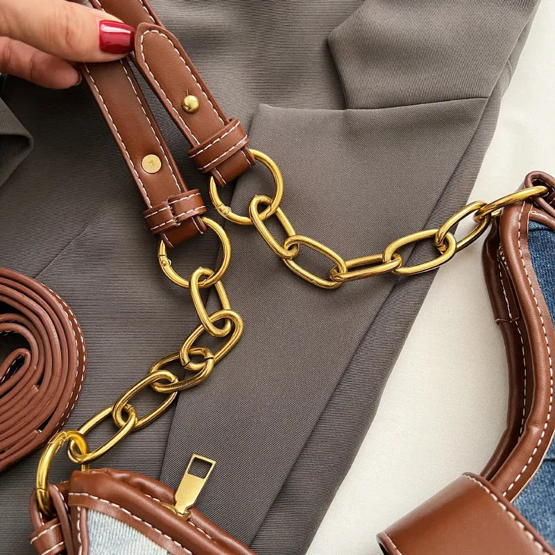 Brown denim women's bucket shoulder bag with diamond chain detailing and double straps