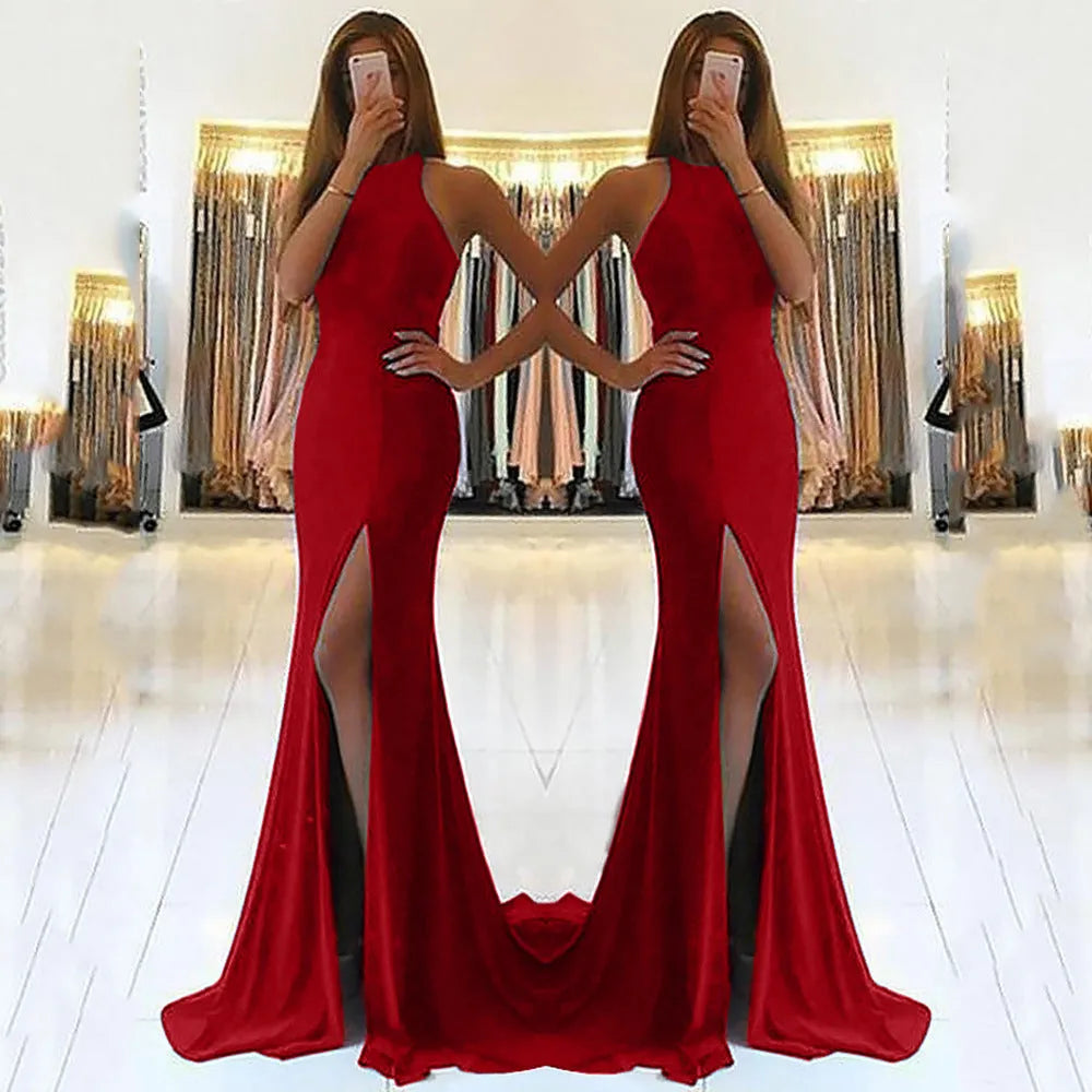 Long red knitted evening dress with hollow design elements and large swing skirt