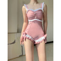 Women's one-piece milk silk swimsuit in solid pink colour with sleeveless design, available in sizes S to XL