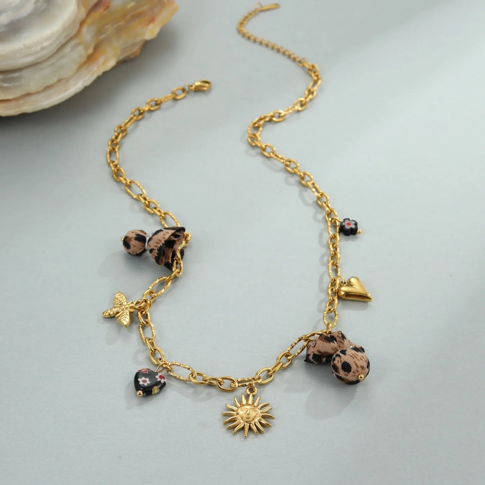 Leopard pendant necklace with love heart flowers on stainless steel chain