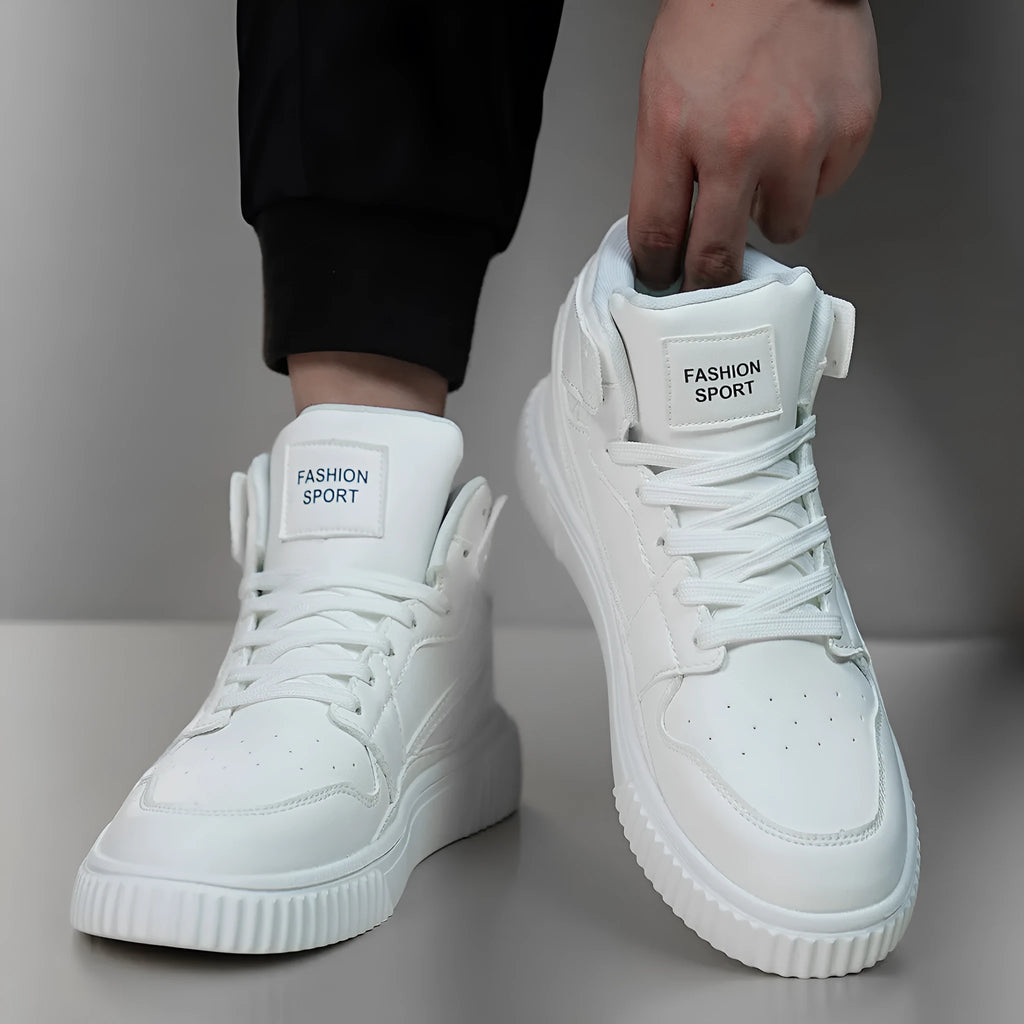 Men's white microfiber casual shoes with round toe for autumn and winter leisure wear