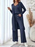 Blue women's three-piece casual suit with trousers, long cardigan and detachable suspenders in Japanese Korean style