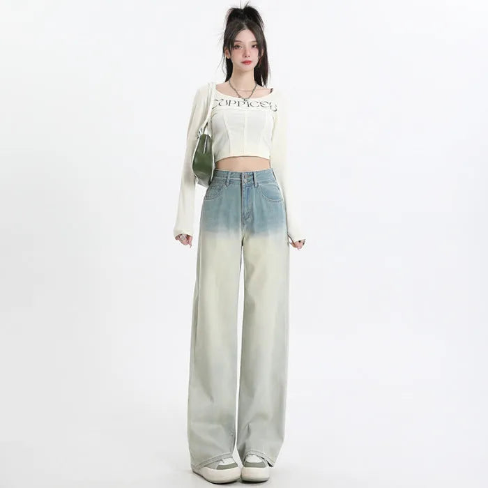 Women's gradient blue straight-leg denim trousers with wide leg design on 100% cotton fabric