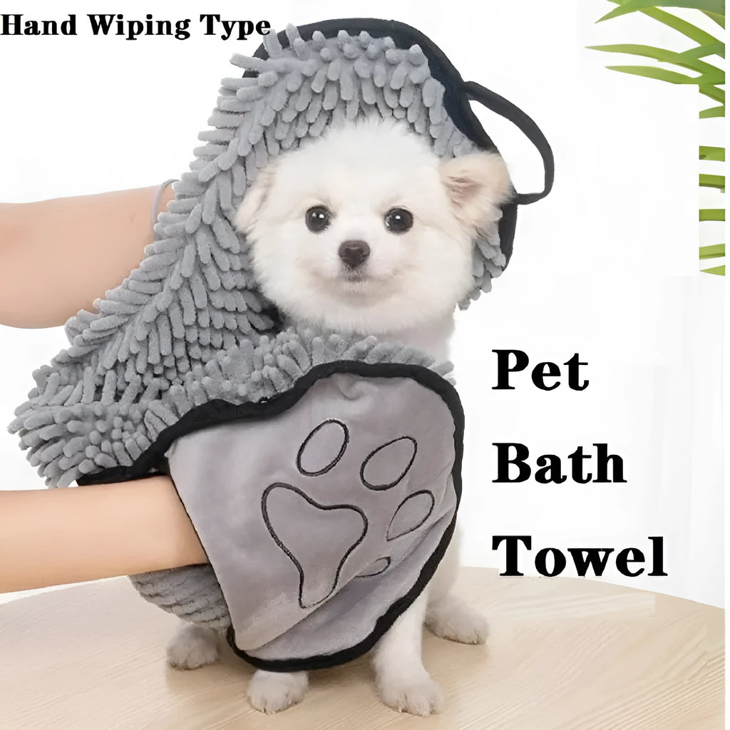 Blue pet bath robe towel with absorbent quick-dry fibre, shown at 62 cm by 23 cm size.