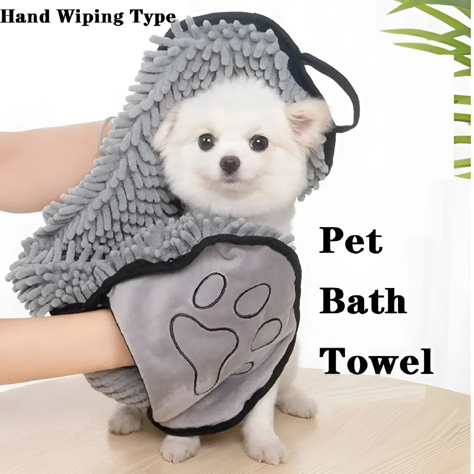Blue pet bath robe towel with absorbent quick-dry fibre, shown at 62 cm by 23 cm size.