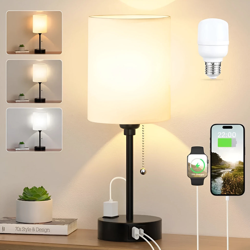 Taye C USB charging fabric table lamp with zipper switch, white cotton linen shade on study desk