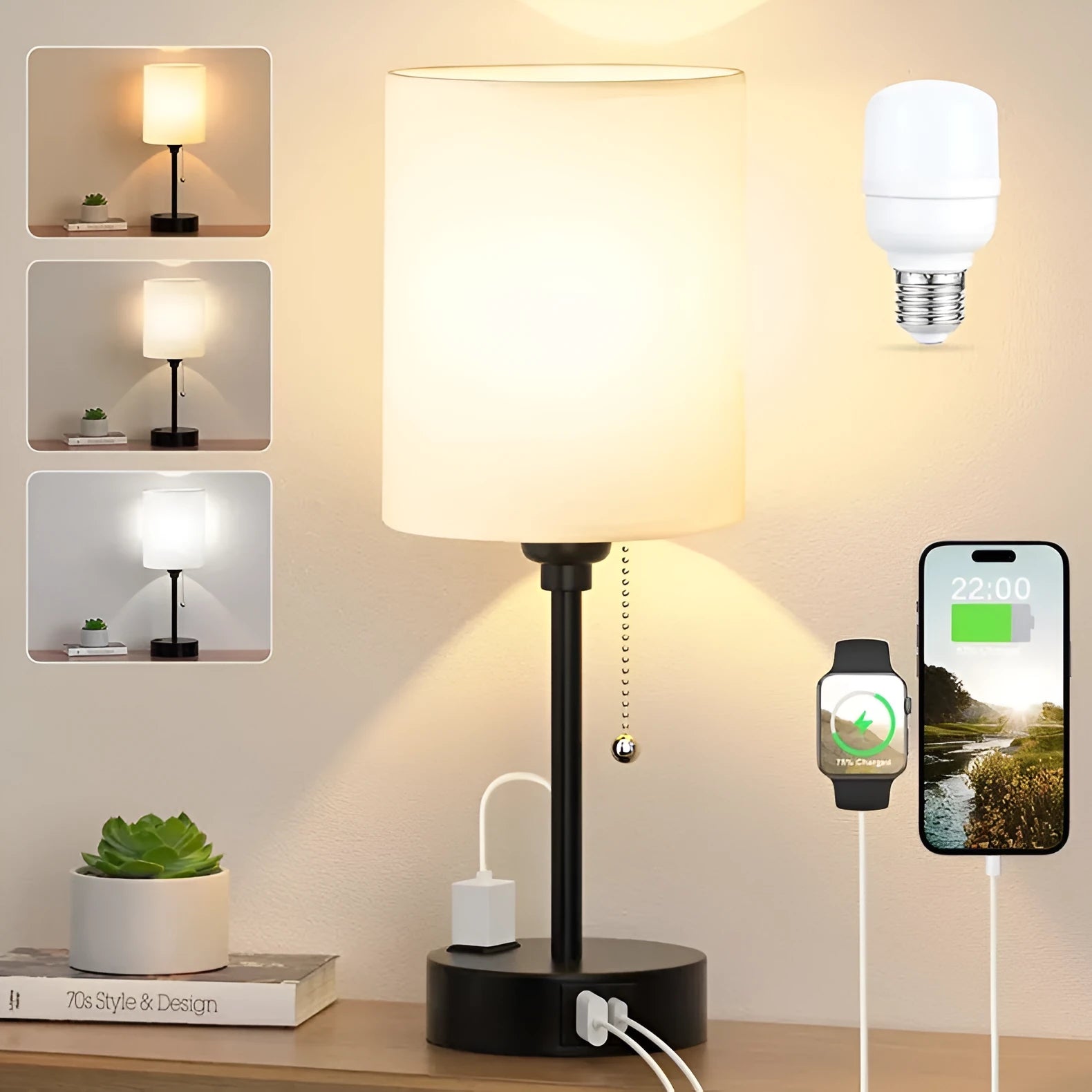Taye C USB charging fabric table lamp with zipper switch, white cotton linen shade on study desk
