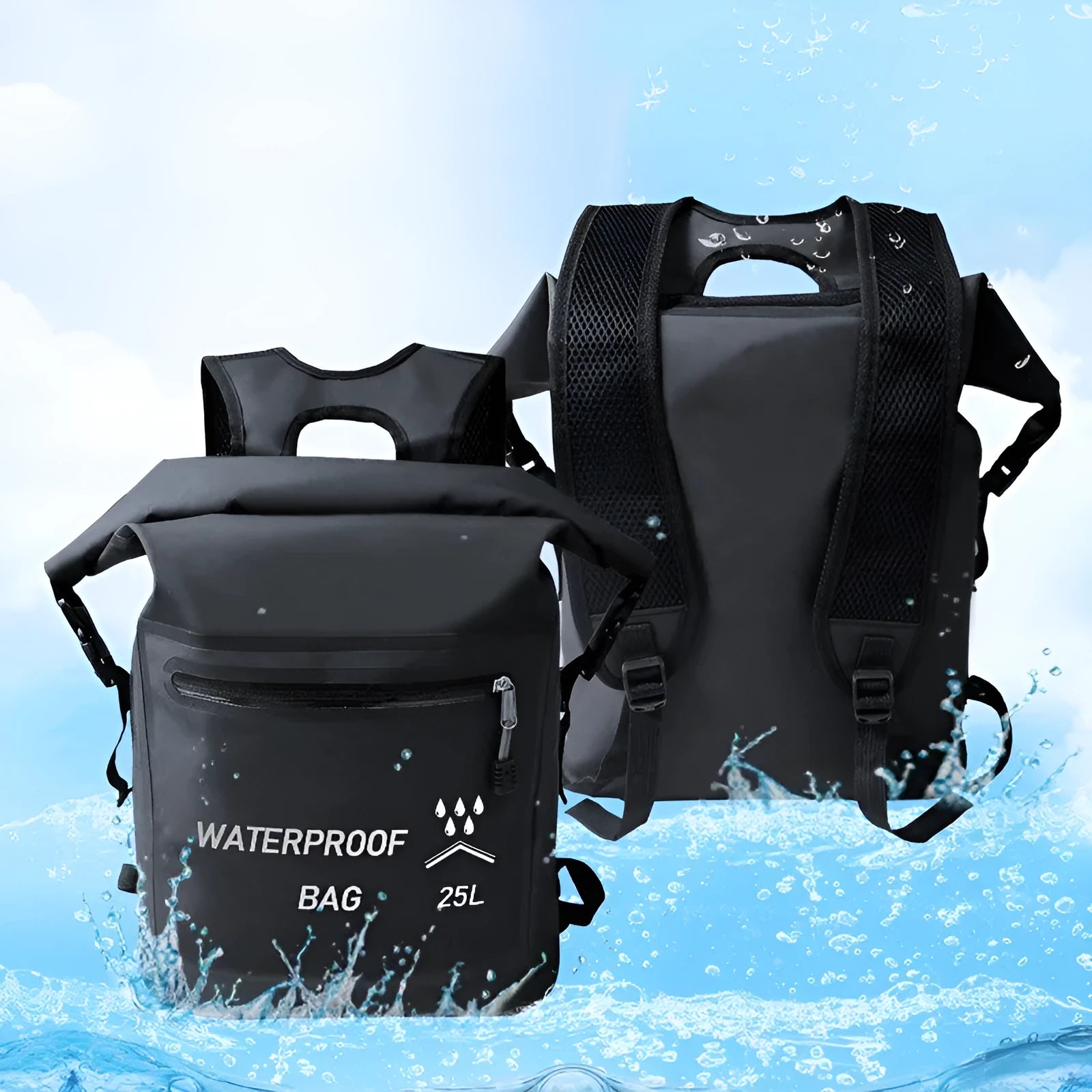 Black 25L outdoor waterproof backpack with 500D mesh clip for swimming and rafting
