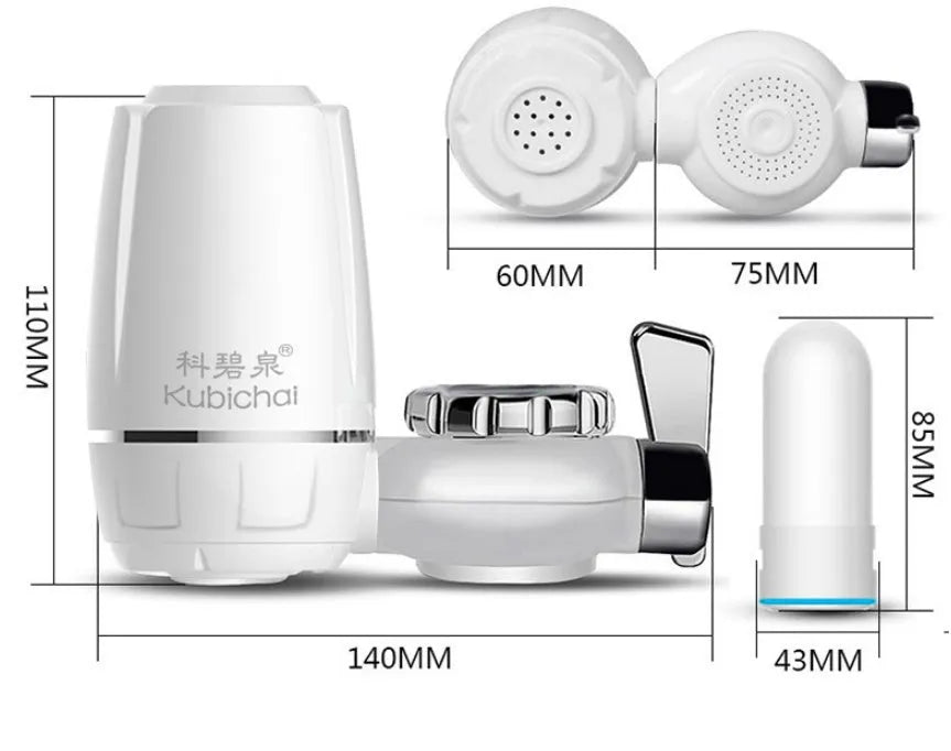 White kitchen tap water filter with ceramic cartridge showing switchable flow control and universal adapter fittings
