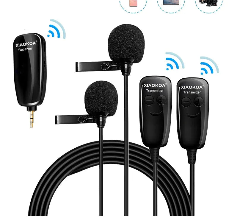 Black lavalier microphone with 3.5mm plug for mobile phones on a plain background.