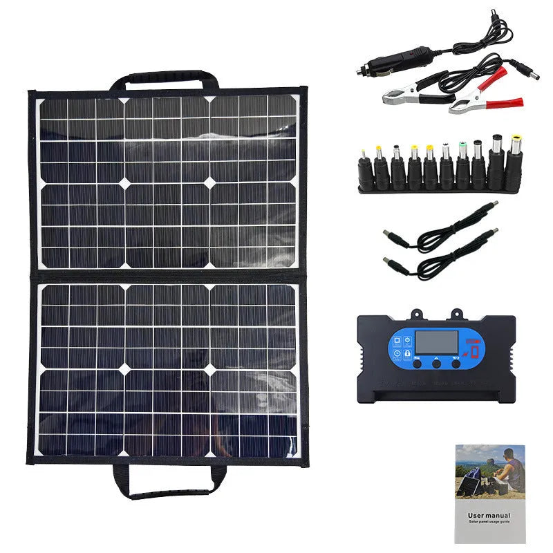 Black foldable 40W solar panel bag showing folded dimensions and monocrystalline cells