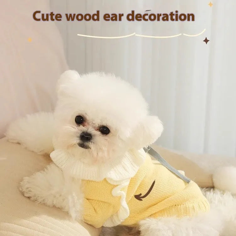 Yellow or patterned fairy dress acrylic knit sweater for small dogs on a mannequin.