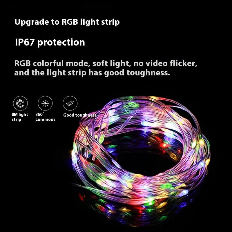 Rechargeable outdoor string lights with 30 LED beads on an 8m cable, showing both colourful and warm white light modes.