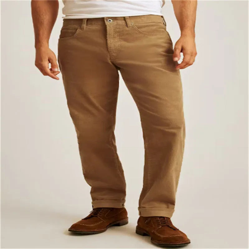 Corduroy straight-leg casual trousers in loose fit with mid waist design