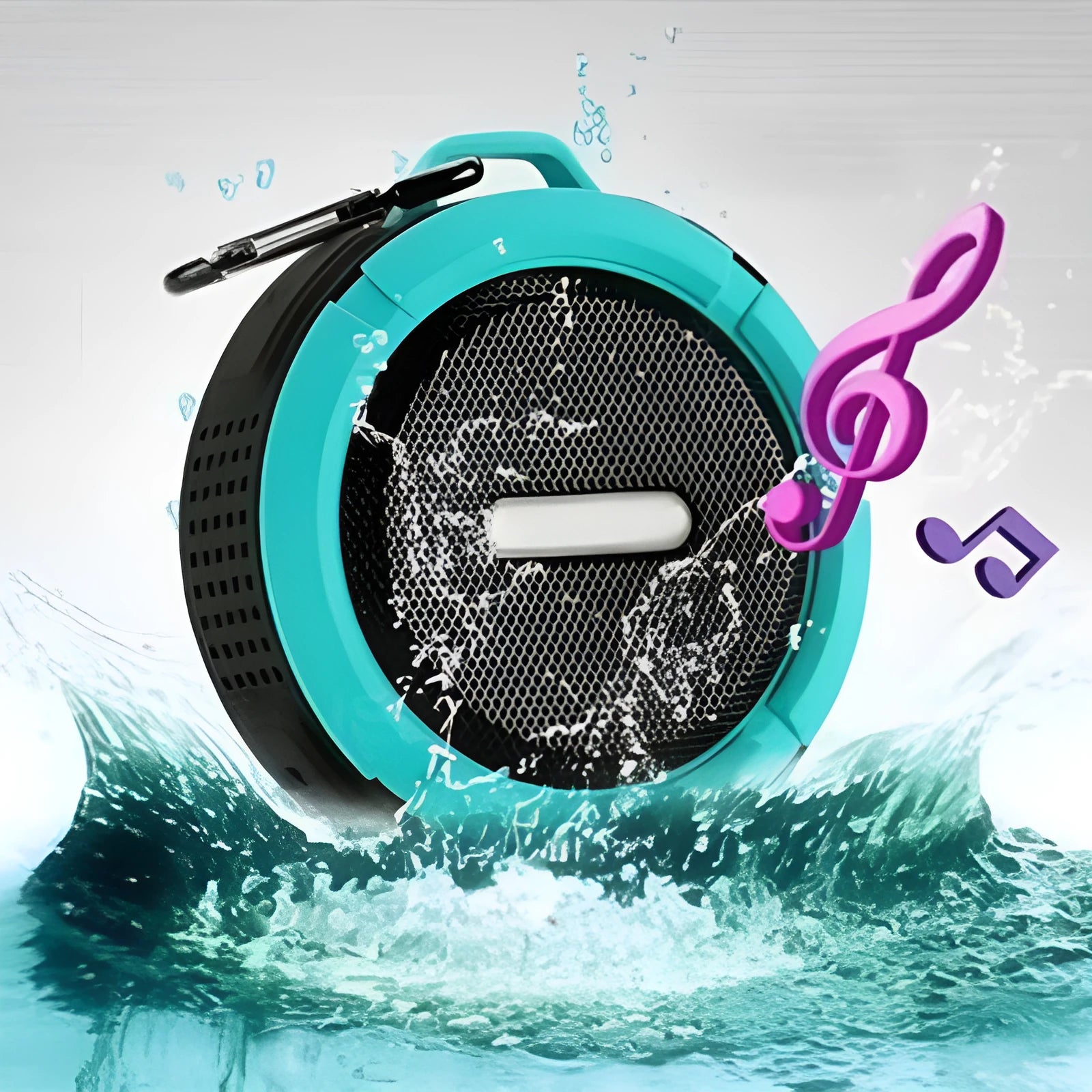 Compact portable Bluetooth stereo speaker with mountaineering buckle, shown in multiple colour options.