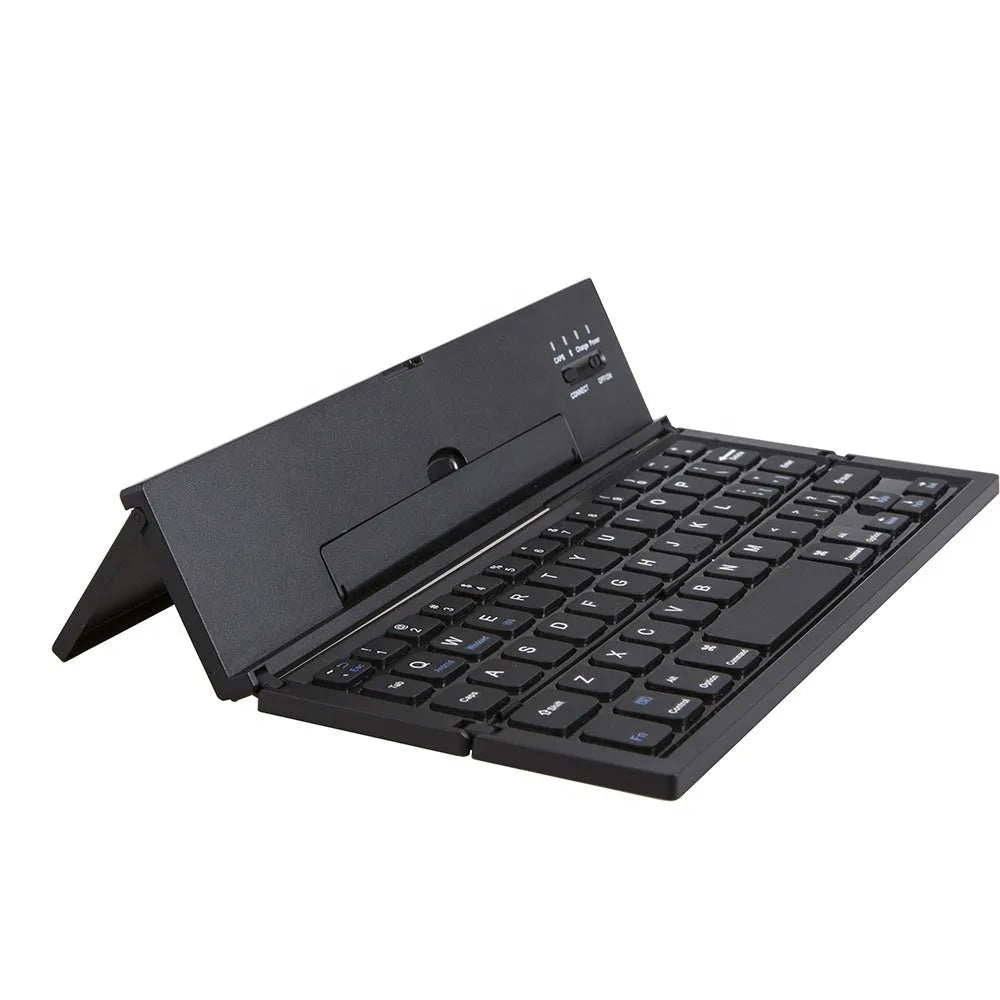 Black mini folding wireless Bluetooth keyboard for tablets with wrist support and aluminium bottom