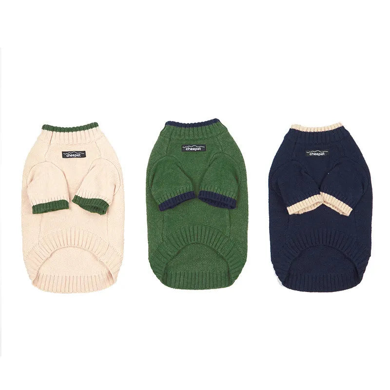 British-style wool pet sweater for dogs with contrasting leg panels in Crown Blue.
