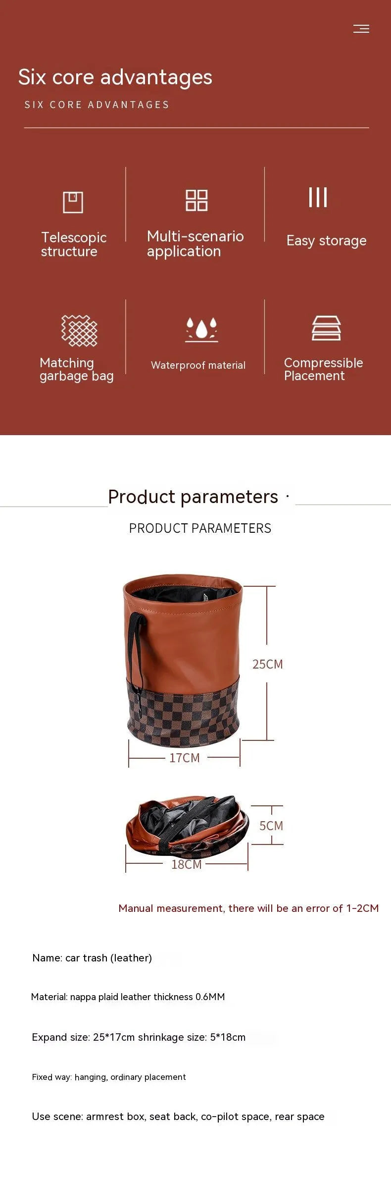 Brown leather car trash can with a handle, shown in folded and unfolded states