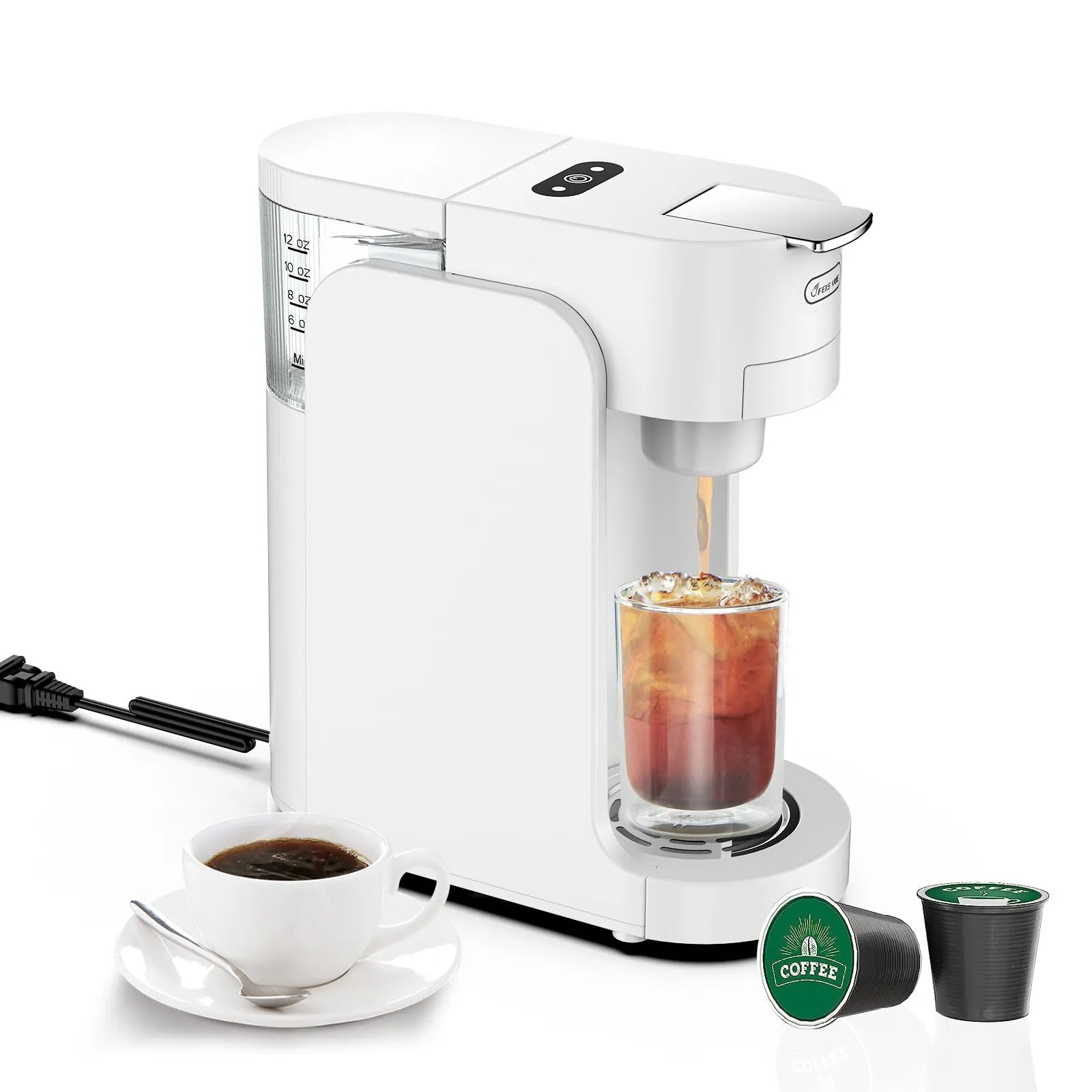 Black and white capsule coffee machine with adjustable water tray and transparent water tank