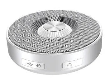Mini Bluetooth wireless speaker in black, orange, and silvery white colours showing front view