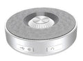 Mini Bluetooth wireless speaker in black, orange, and silvery white colours showing front view