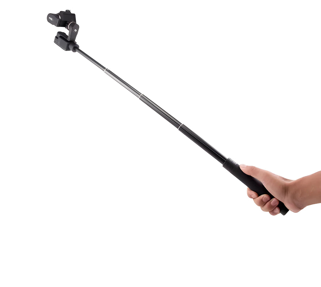 Black retractable aluminium selfie stick with hand-held stabiliser and phone grip, shown extended and collapsed.