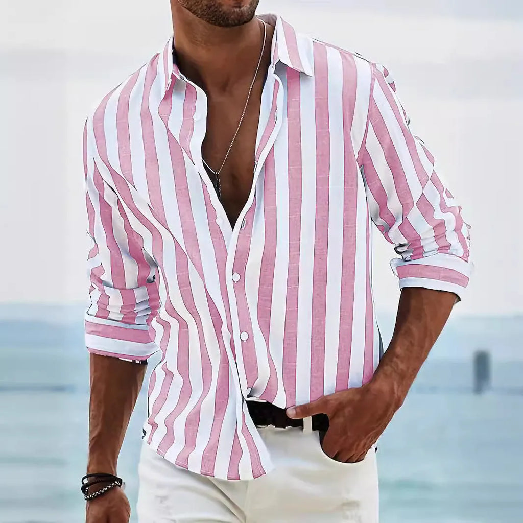 Men's loose-fitting striped long-sleeved shirt in British style cardigan cut with yarn-dyed pattern