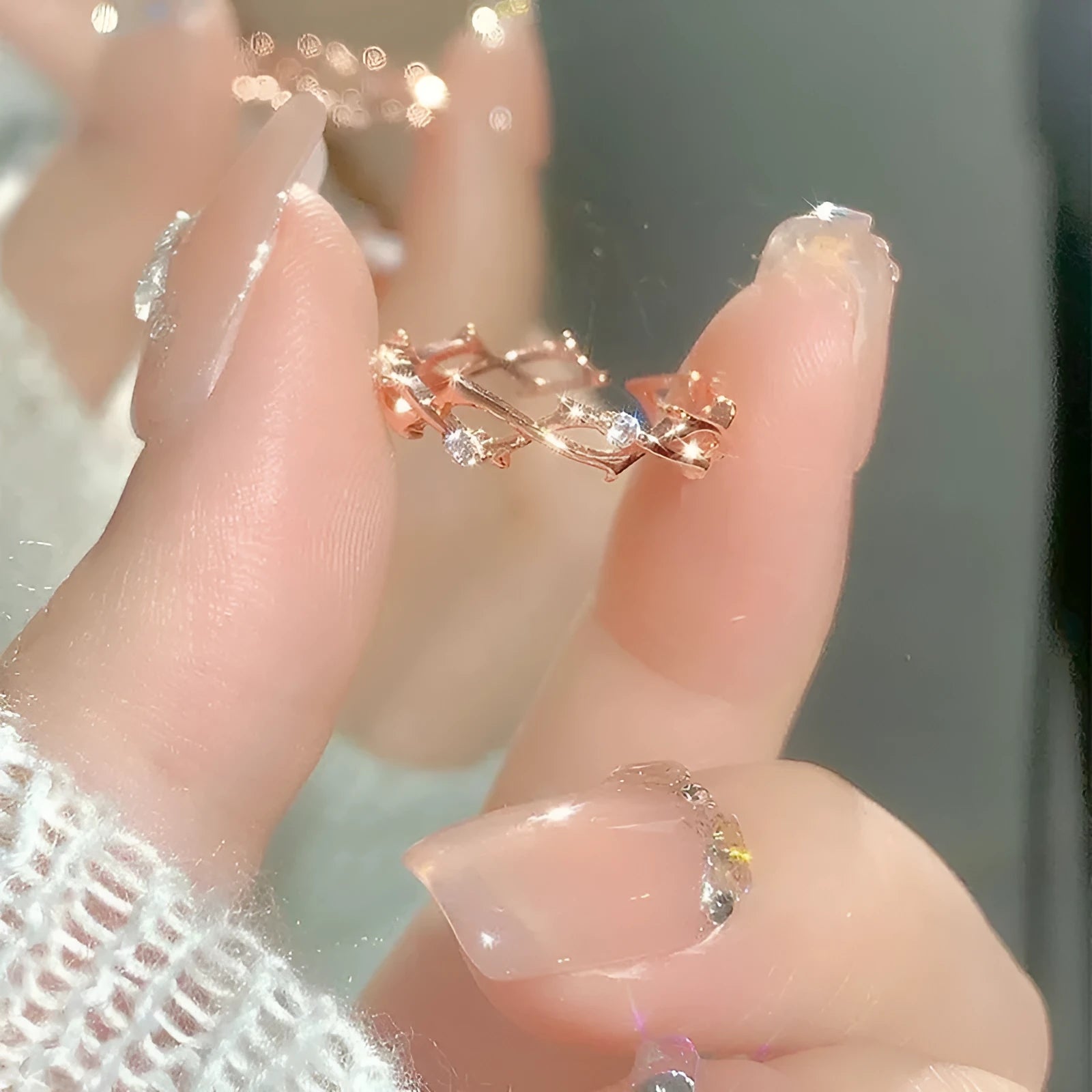 Adjustable open mouth copper index finger ring with inlaid zirconium thorns in geometric irregular shape