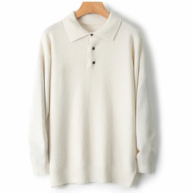Men's wool polo collar pullover sweater in noble blue colour on a hanger