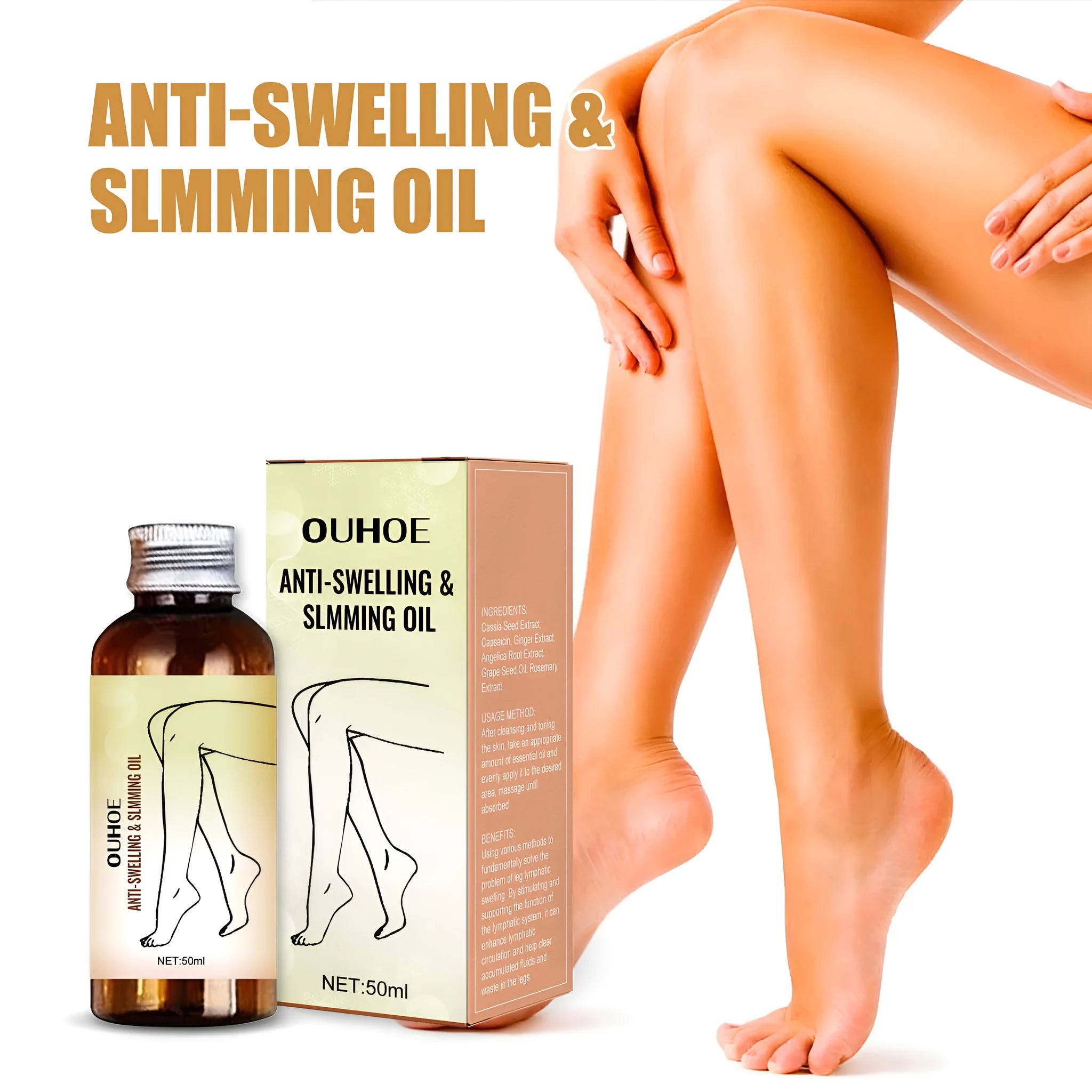 50ml bottle of moisturising body care essential oil with six botanical extracts for leg massage