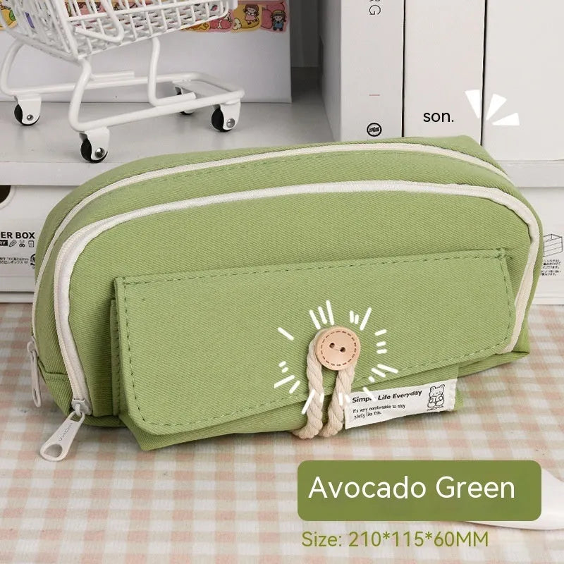 Green Korean-style canvas pencil case with zip, large enough to hold 80 pens.