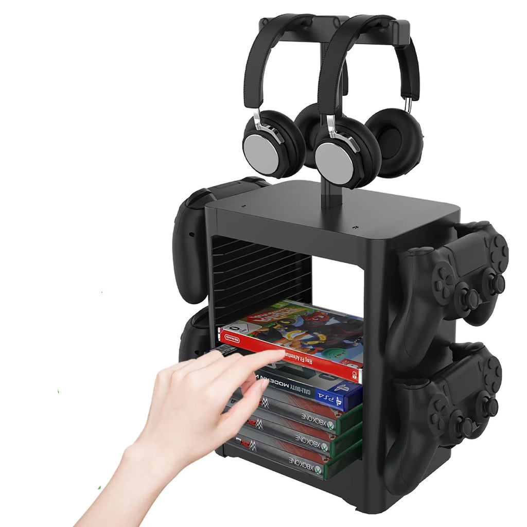 Black ABS gaming console storage rack holding headphones, controllers, and game cases.
