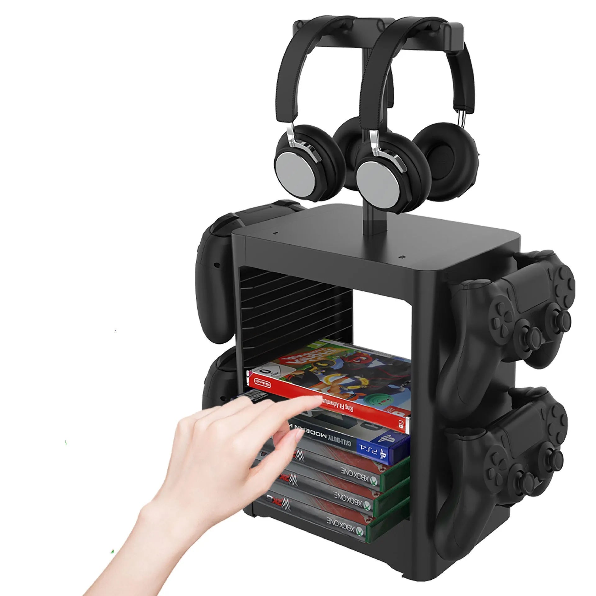 Black ABS gaming console storage rack holding headphones, controllers, and game cases.